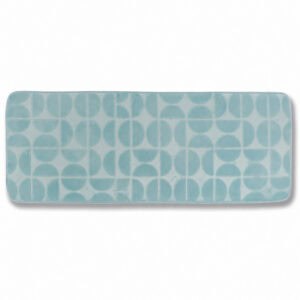 Light blue memory foam bathroom runner with embossed half-circle pattern, long narrow design 17.7 x 47.2 inches (45 x 120 cm), plush velvet finish, OEKO-TEX certified