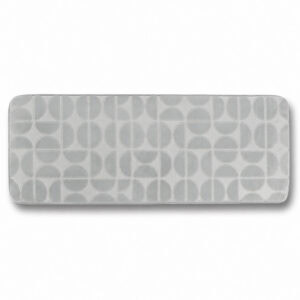 Light gray memory foam bathroom runner with embossed half-circle pattern, long narrow design 17.7 x 47.2 inches (45 x 120 cm), plush velvet finish, OEKO-TEX certified