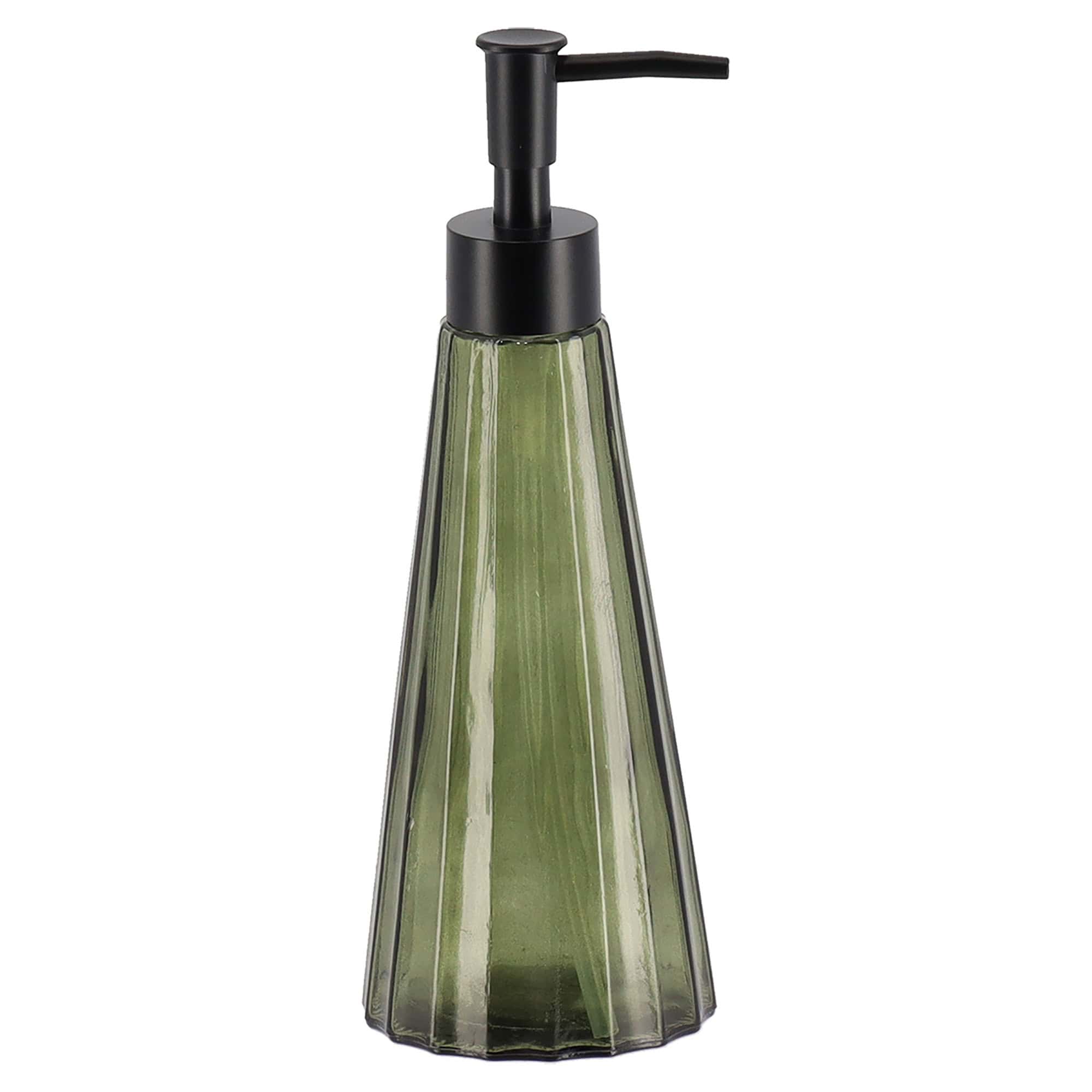 Olive green glass soap dispenser with matte black pump, conical faceted design, 10.1 fl oz refillable bathroom and kitchen accessory