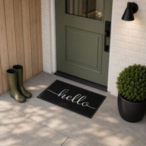 Hello front door mat placed on modern porch in front of sage green door with rain boots and boxwood plant, welcoming entrance