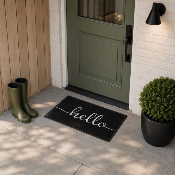 Hello front door mat placed on modern porch in front of sage green door with rain boots and boxwood plant, welcoming entrance