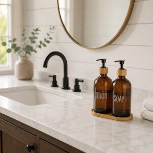 Amber glass soap and lotion dispenser set styled on a modern farmhouse bathroom vanity with marble countertop