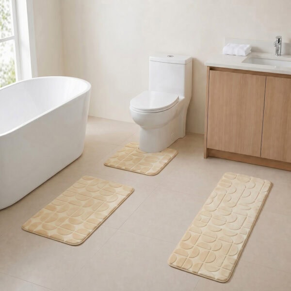 Cream 3-piece bath rug set displayed in a modern bathroom with freestanding tub, toilet and wood vanity.