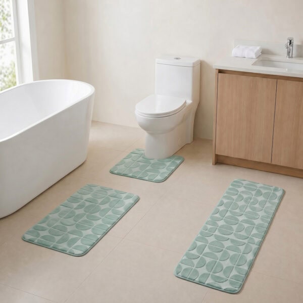 Sage green 3-piece bath rug set displayed in a modern bathroom with freestanding tub, toilet and wood vanity.
