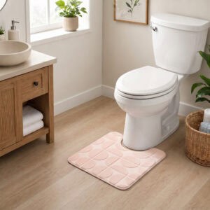 Blush pink contour toilet rug displayed in a modern bathroom with warm wood vanity and natural lighting