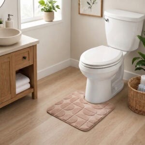 Caramel contour toilet rug displayed in a modern bathroom with warm wood vanity and natural lighting