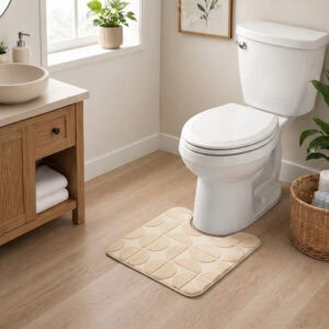 Cream contour toilet rug displayed in a modern bathroom with warm wood vanity and natural lighting