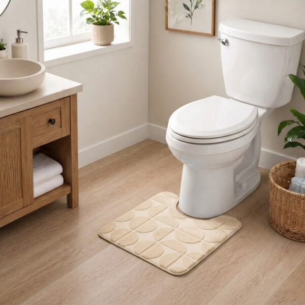 Cream contour toilet rug displayed in a modern bathroom with warm wood vanity and natural lighting