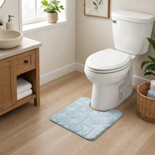 Light blue contour toilet rug displayed in a modern bathroom with warm wood vanity and natural lighting
