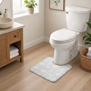 Light gray contour toilet rug displayed in a modern bathroom with warm wood vanity and natural lighting