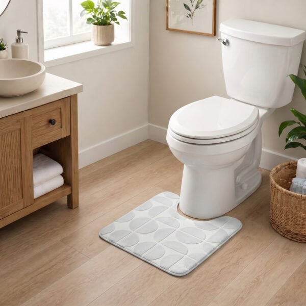 Light gray contour toilet rug displayed in a modern bathroom with warm wood vanity and natural lighting
