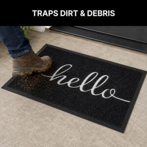 Muddy boot wiping on hello doormat, heavy duty PVC coils trap dirt, grass and debris before entering home
