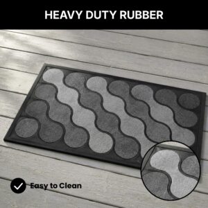 Heavy duty rubber outdoor doormat with gray ripple pattern, close-up texture detail showing thick rubber border and embossed wave design, easy to clean