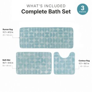 Bath rug set contents: 17.7 by 47.2 inch runner, 19.7 by 31.5 inch bath mat, 17.7 by 19.7 inch contour rug.