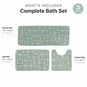 Bath rug set contents: 17.7 by 47.2 inch runner, 19.7 by 31.5 inch bath mat, 17.7 by 19.7 inch contour rug.
