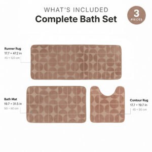 Bath rug set contents: 17.7 by 47.2 inch runner, 19.7 by 31.5 inch bath mat, 17.7 by 19.7 inch contour rug.