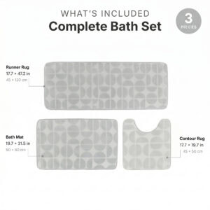 Bath rug set contents: 17.7 by 47.2 inch runner, 19.7 by 31.5 inch bath mat, 17.7 by 19.7 inch contour rug.