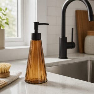 Amber glass soap dispenser on a white quartz kitchen counter near a stainless steel sink and matte black faucet