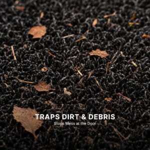 Close-up of the black PVC doormat fibers showing trapped dry leaves, dirt particles and natural debris, illustrating how the mat stops mess at the door