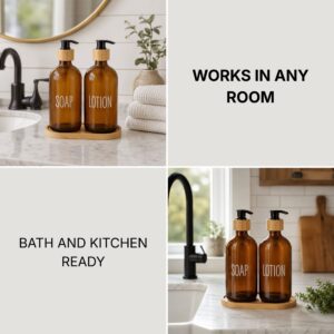 Versatile amber glass soap and lotion dispenser set, perfect for bathroom and kitchen sinks