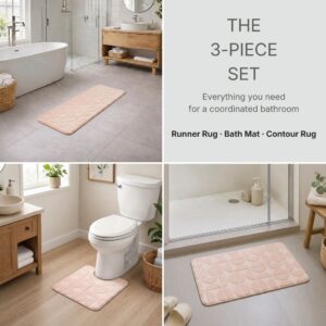 Blush pink bath rug set in three coordinated bathroom scenes: tub area, toilet base and shower exit.
