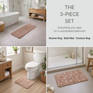 Caramel bath rug set in three coordinated bathroom scenes: tub area, toilet base and shower exit.