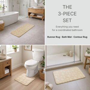 Cream bath rug set in three coordinated bathroom scenes: tub area, toilet base and shower exit.