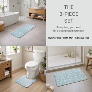 Light blue bath rug set in three coordinated bathroom scenes: tub area, toilet base and shower exit.