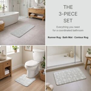 Light gray bath rug set in three coordinated bathroom scenes: tub area, toilet base and shower exit.