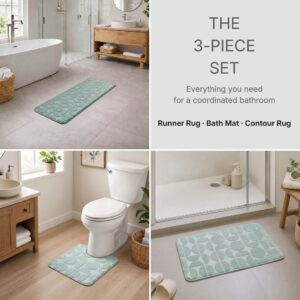 Sage green bath rug set in three coordinated bathroom scenes: tub area, toilet base and shower exit.