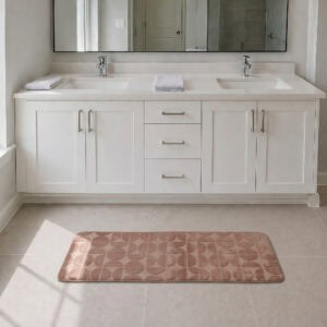 Caramel long narrow bathroom runner placed in front of a modern double vanity with white shaker cabinetry, fresh and welcoming family bathroom setting