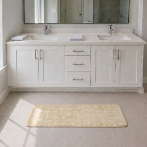 Cream long narrow bathroom runner placed in front of a modern double vanity with white shaker cabinetry, fresh and welcoming family bathroom setting