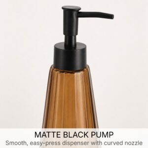 Close-up of the matte black pump on the amber glass soap dispenser with curved nozzle for easy dispensing