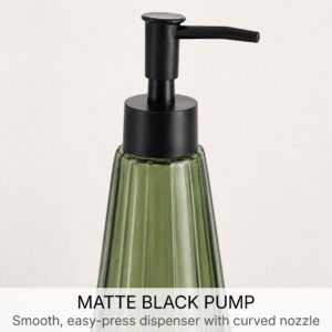 Close-up of the matte black pump on the olive green glass soap dispenser with curved nozzle for easy dispensing
