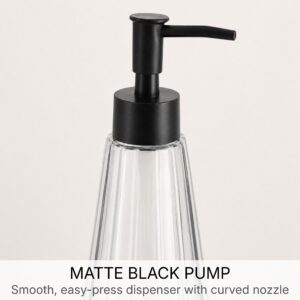 Close-up of the matte black pump on the smoked glass soap dispenser with curved nozzle for easy dispensing