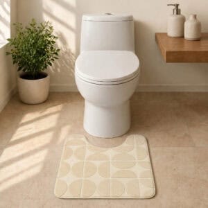 U-shape cream bath mat in a minimalist spa-style bathroom with stone tile floor and natural sunlight