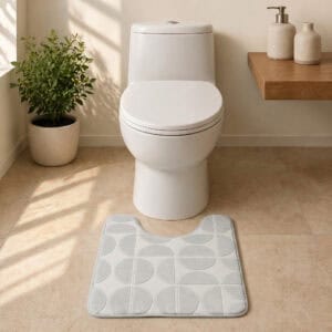 U-shape light gray bath mat in a minimalist spa-style bathroom with stone tile floor and natural sunlight