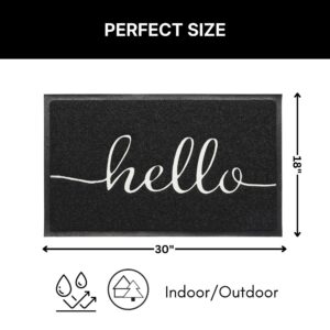 Hello doormat measures 30 inches wide by 18 inches tall, waterproof PVC, suitable for indoor and outdoor entrances
