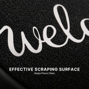 Close-up macro view of the welcome doormat showing dense looped PVC fiber texture and smooth white cursive script, demonstrating effective scraping surface that keeps floors clean