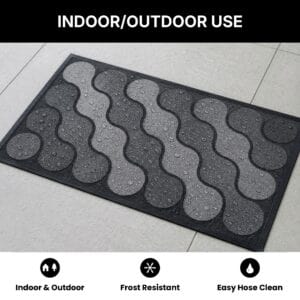 Gray ripple pattern rubber doormat with water droplets, weather resistant for indoor and outdoor use, frost resistant and easy to hose clean
