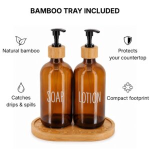 Amber glass soap and lotion dispenser set with included bamboo tray that catches drips and protects countertops