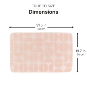 Blush pink rectangular bath mat dimensions infographic, 31.5 inches (80 cm) wide by 19.7 inches (50 cm) deep, true to size measurements for accurate fit
