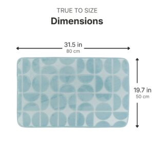 Light blue rectangular bath mat dimensions infographic, 31.5 inches (80 cm) wide by 19.7 inches (50 cm) deep, true to size measurements for accurate fit