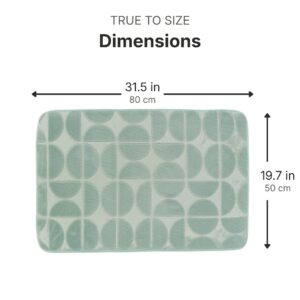 Sage green rectangular bath mat dimensions infographic, 31.5 inches (80 cm) wide by 19.7 inches (50 cm) deep, true to size measurements for accurate fit
