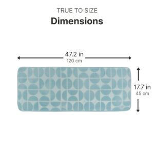 Light blue bathroom runner dimensions infographic, 47.2 inches (120 cm) long by 17.7 inches (45 cm) wide, true to size measurements for accurate fit