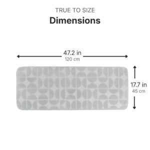 Light gray bathroom runner dimensions infographic, 47.2 inches (120 cm) long by 17.7 inches (45 cm) wide, true to size measurements for accurate fit
