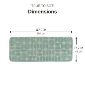 Sage green bathroom runner dimensions infographic, 47.2 inches (120 cm) long by 17.7 inches (45 cm) wide, true to size measurements for accurate fit