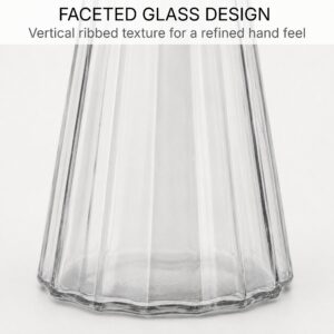 Close-up of the vertical ribbed faceted texture on the smoked glass soap dispenser body and base
