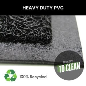Close-up of heavy duty PVC coil texture and rubber border, 100% recycled and easy to clean black doormat surface