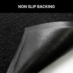 Black welcome doormat with corner folded back revealing the matte non-slip PVC backing with fine embossed grid texture, designed for stability on hard floors